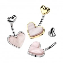 Piercing pentru buric din oțel - inimă sidefată roz, margine netedă