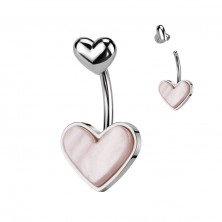 Piercing pentru buric din oțel - inimă sidefată roz, margine netedă