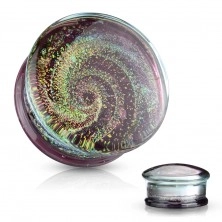 Plug de ureche din sticlă - mov, motiv galaxie, spirală cu sclipici colorat
