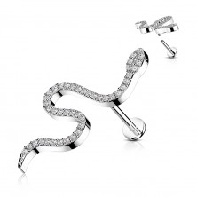 Piercing labret din oțel cu șurub - motiv șarpe, zirconii rotunde, 6 mm