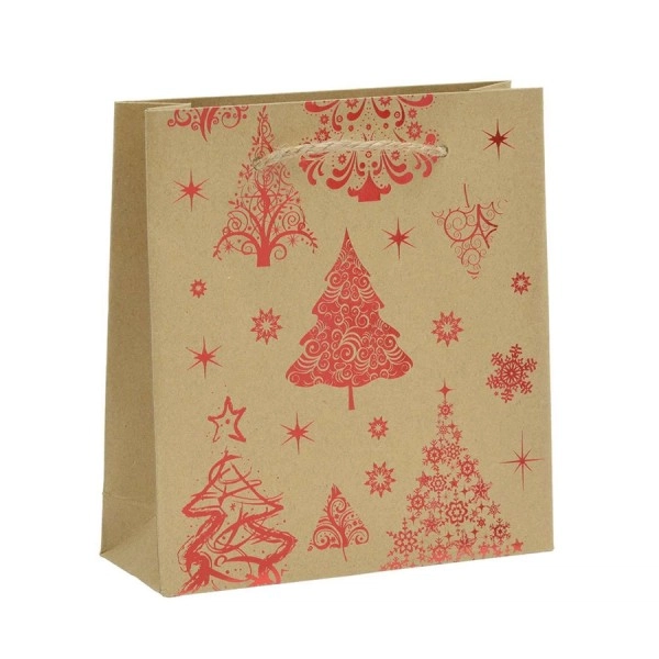Plasă cadou din hârtie - maro - roșu, motiv de Crăciun, șnur