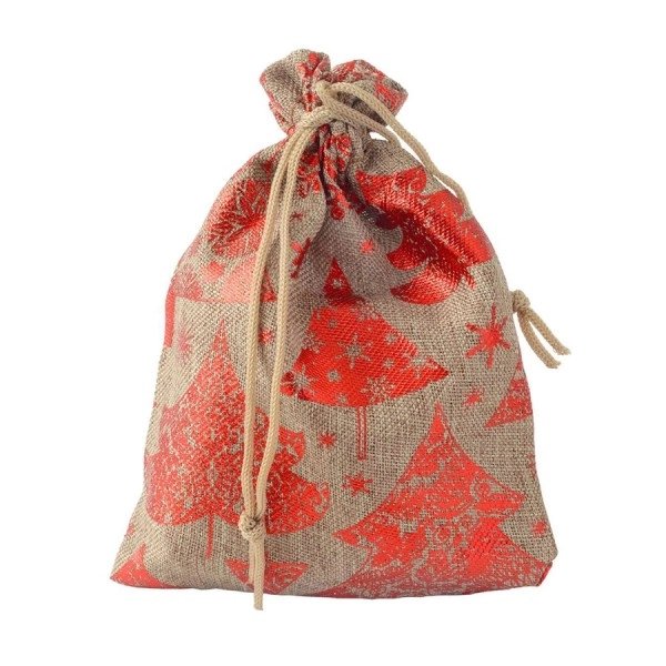 Plasă cadou din material textil - copaci și fulgi de zăpadă, culoare maro - roșu