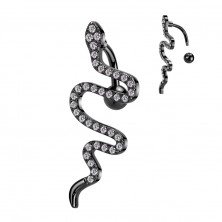 Piercing din oțel pentru buric - șarpe târâtor, zirconii transparente, PVD
