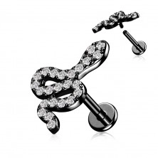 Piercing din oțel - șarpe ondulat cu zirconii transparente, filet interior, 6 mm