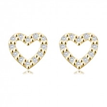 Cercei cu diamante din aur galben de 14K - contur inimă, diamant transparent, știfturi
