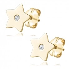 Cercei din aur galben 585 - stele plate cu diamant transparent, știfturi