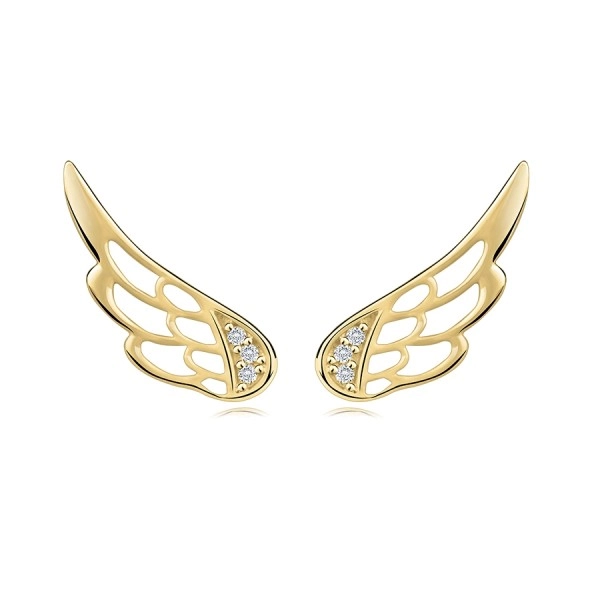 Cercei tip știft din aur galben de 14K - aripi de înger cu decupaje, zirconii transparente