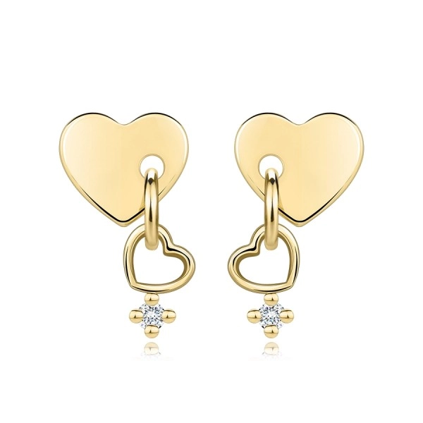 Cercei din aur galben 585 - inimă solidă, contur de inimă, zircon transparent