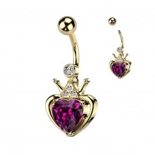 Piercing din oțel pentru buric - inimă cu cristal roz și coroană