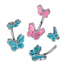 Piercing pentru buric din oțel - fluture de culoare roz sau albastru, placat cu rodiu