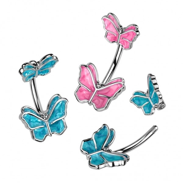 Piercing pentru buric din oțel - fluture de culoare roz sau albastru, placat cu rodiu