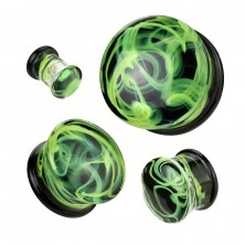 Plug de ureche din sticlă Pyrex - efect de fum galben-verde, capete negru și transparent