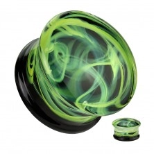 Plug de ureche din sticlă Pyrex - efect de fum galben-verde, capete negru și transparent
