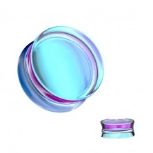 Plug de ureche din sticlă, tip șa - culoare violet-albastru cu reflexe curcubeu