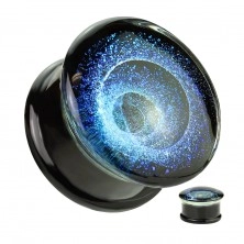 Plug din sticlă pyrex transparentă - vârtej în nuanță de albastru, finisaj negru