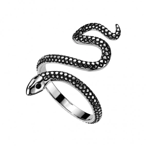 Inel deschis din oțel inoxidabil - motiv șarpe, culoare argintie cu patină