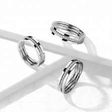 Inel din oțel inoxidabil - linie triplă, zirconii transparente, culoare argintie