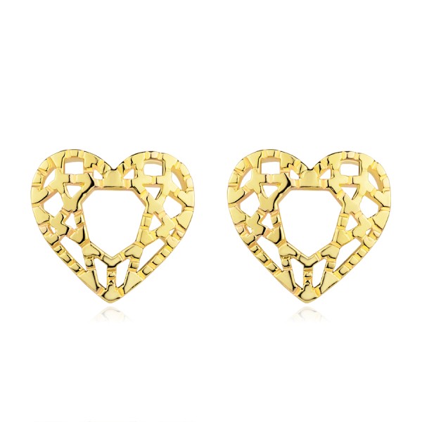 Cercei tip stud din aur galben de 14K - inimă simetrică cu ornamente