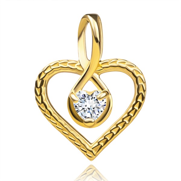 Pandantiv din aur galben 375 - inimă structurată, zircon în contur în formă de picătură