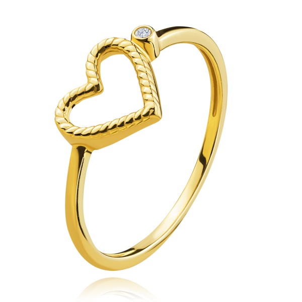 Inel din aur galben 585 - inimă canelată, zircon rotund