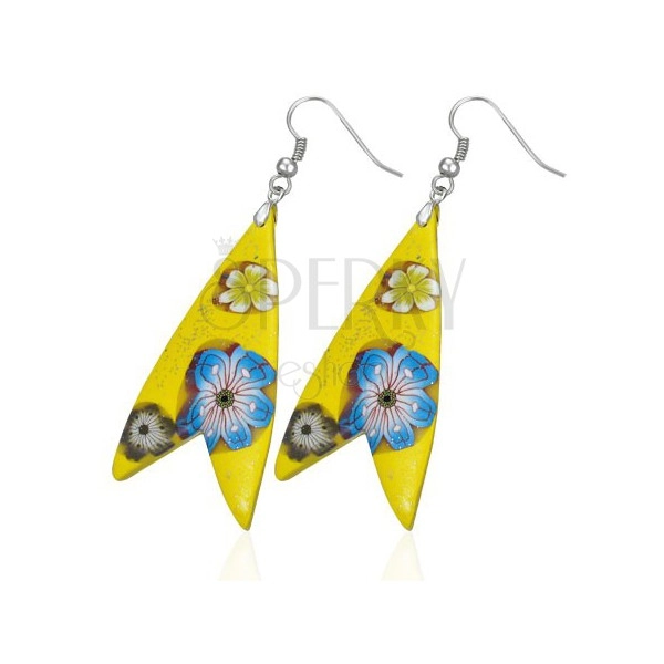 Cercei Fimo - triunghiuri galbene, formă de peşte, flori