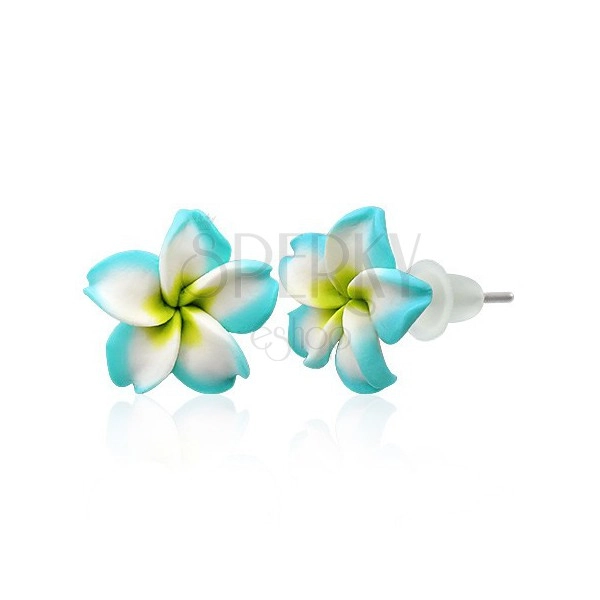 Cercei Fimo - floare alb-turcoaz