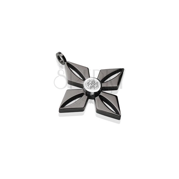 Pandantiv din oțel chirurgical negru - floare cu zirconiu transparent