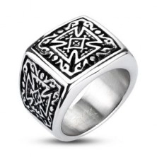 Inel din oțel cu patină de argint - pecete, cruce malteză