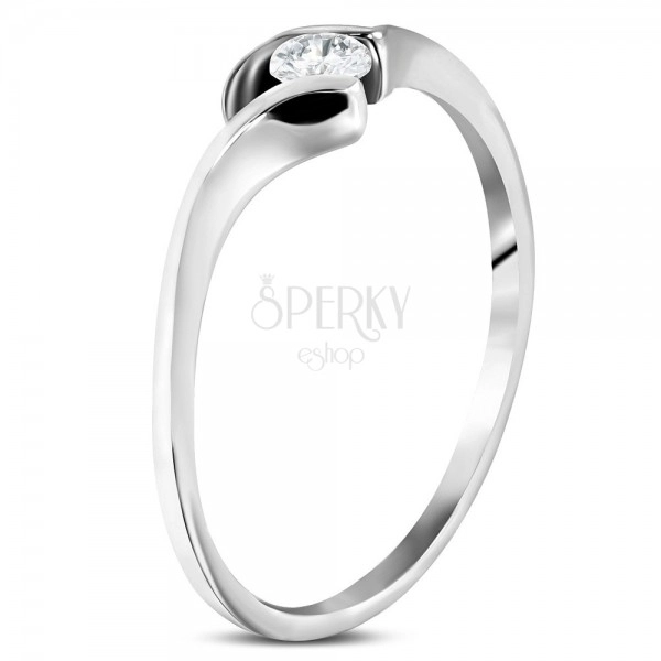 Inel de logodnă din oțel - brațe subțiri, curbate, zirconiu circular transparent