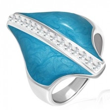 Inel din oțel inoxodabil - romb albastru, linie cu zirconii