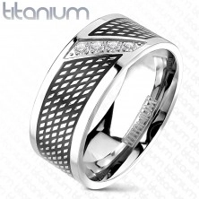 Inel din titan - negru cu argintiu, linie diagonală de zircon