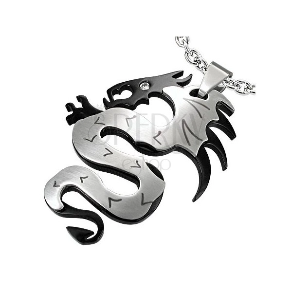 Pandantiv din oțel chirurgical, dragon negru cu argintiu