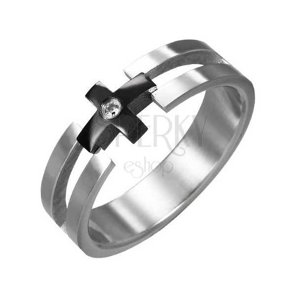 Inel din oțel - cruce neagră, zirconiu transparent