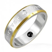 Inel magnetic din oțel - margini aurii, gravură romantică