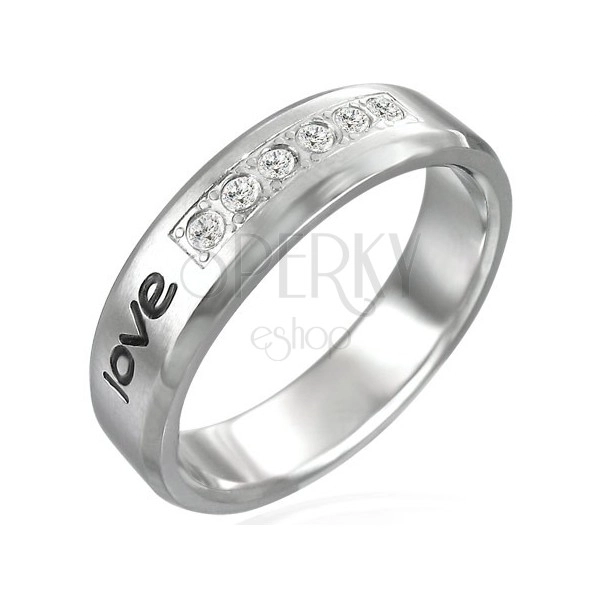 Inel din oțel inoxidabil - inscripția "LOVE", șase zirconii