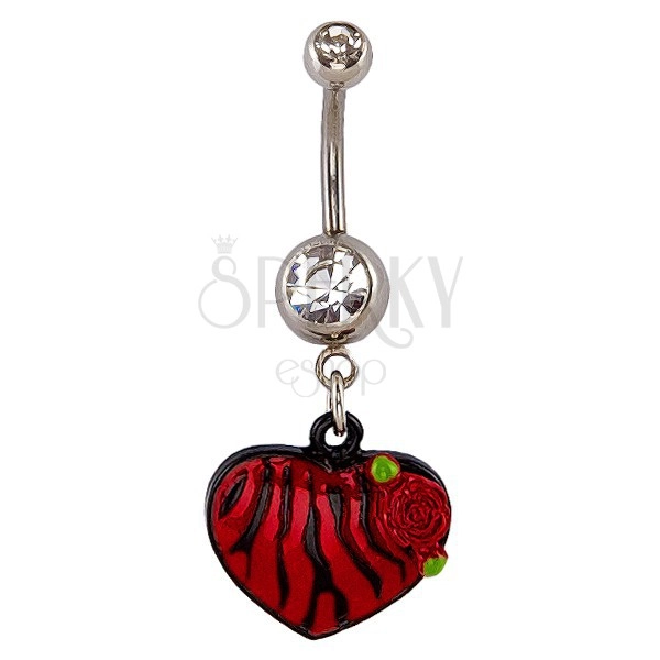 Piercing pentru buric - inimă roșie cu negru, cu model zebră, trandafir