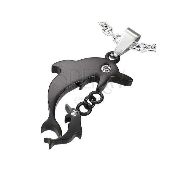 Pandantiv negru din oțel chirurgical, delfin mare și delfin mic cu zirconii