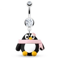 Piercing pentru buric - pinguin, eșarfă roz și floare, zircon
