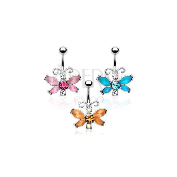 Piercing pentru buric - fluture, zircon colorat, antene cu model