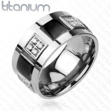 Inel din titan, decorat cu zircon transparent și pătrate negre