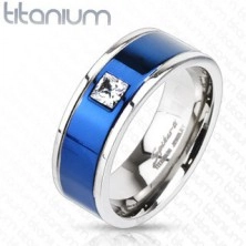 Inel din titan, cu o linie albastră și un zircon pătrat