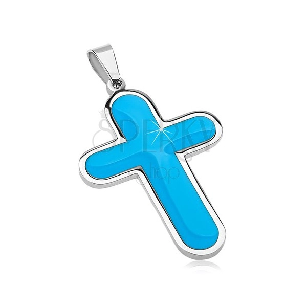 Pandantiv din oțel chirurgical, cruce mare cu interior albastru, smălțuit