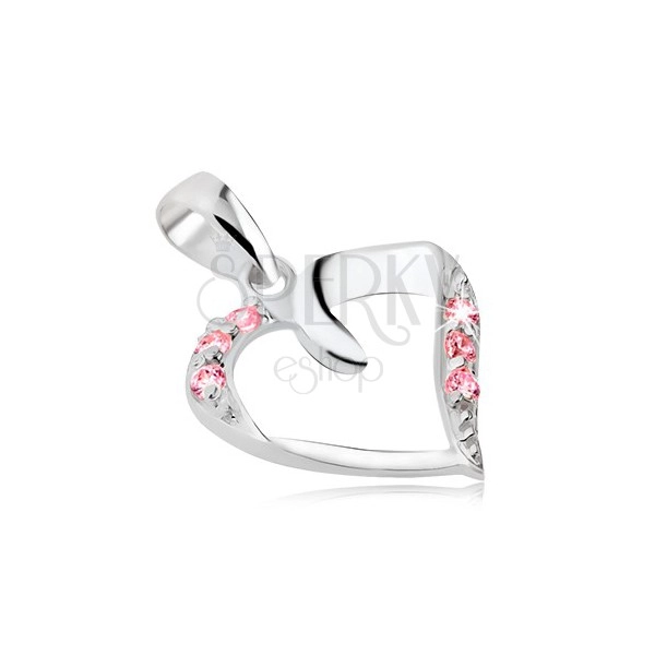 Pandantiv argint - inimă cu fundă și zircon roz