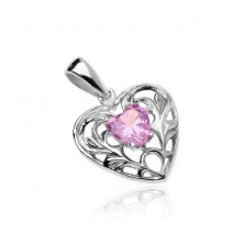 Pandantiv argint - inimă decorată cu o inimă din zircon roz la mijloc