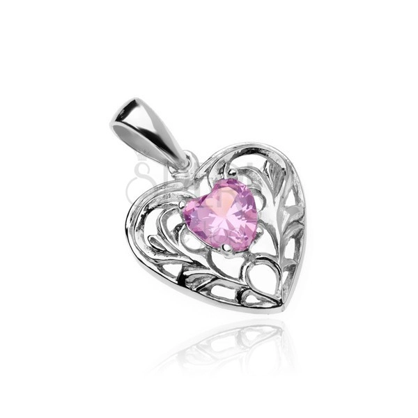 Pandantiv argint - inimă decorată cu o inimă din zircon roz la mijloc