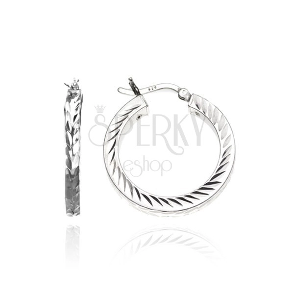 Cercei argint 925 - inele cu frunze gravate, 15 mm
