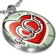 Pandantiv rotund din oțel - inimă cu simbol masculin și feminin