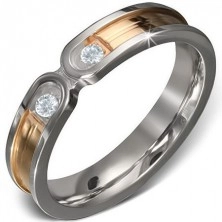 Inel din oțel - dungă aurie cu margini argintii, două zirconii transparente
