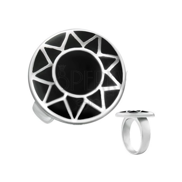 Inel din oțel cu contur argintiu de soare într-un cerc negru