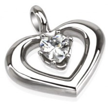 Pandantiv din oțel - contur rotund inimă, zirconiu transparent în mijloc